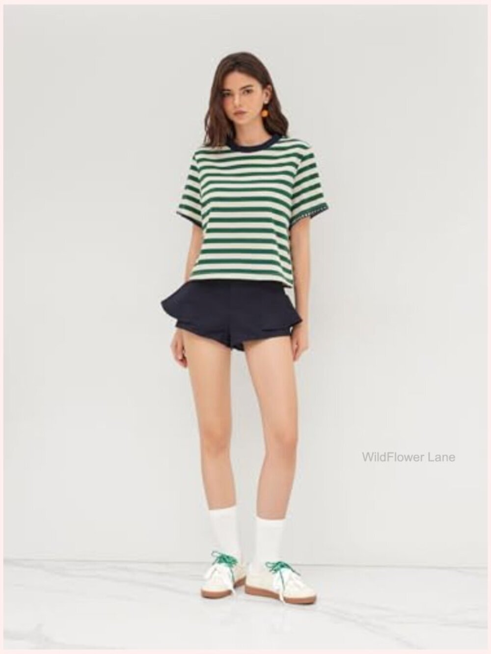Oversized Striped Crop Tee Cotton-Blend Short Sleeve Crew Neck - Picture 3 of 7